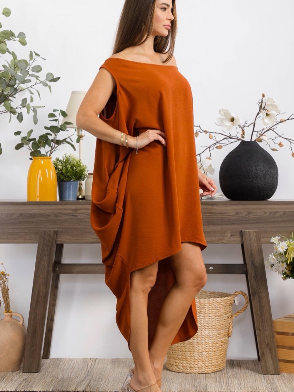 Asymmetric Off-Shoulder High-Low Dress in Rust